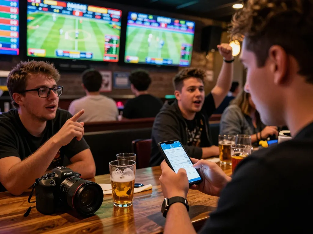 MISO88 player placing strategic bets while watching live sports at a vibrant sports bar.