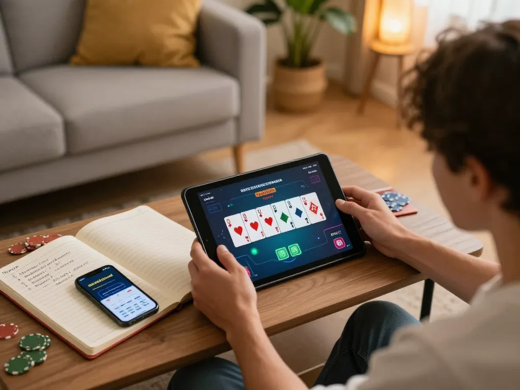 A person engaging with the https://92slot.net/ app on a tablet while strategizing poker in a cozy home setting.