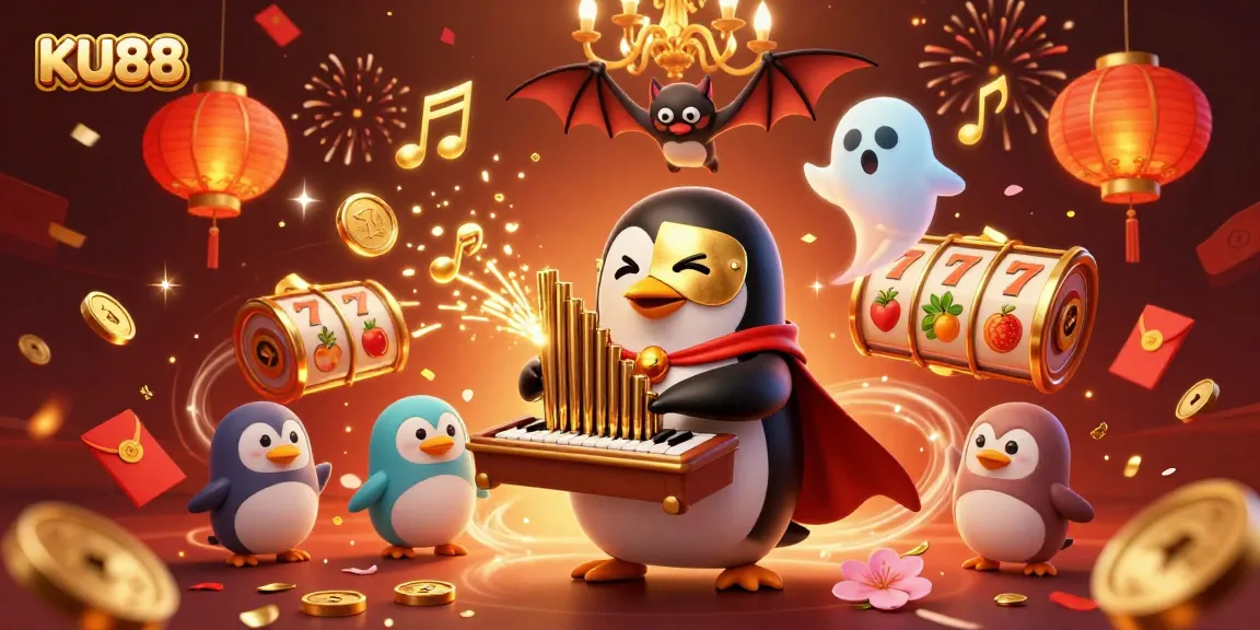 Playing at KU88 Casino with a fun penguin organist, immersive slot machines, and festive decor.