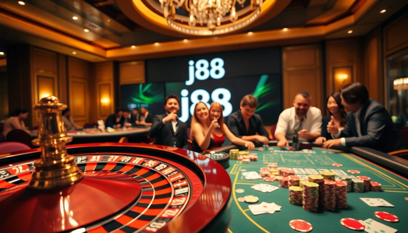 Experience the excitement of j88 at a luxurious casino with vibrant tables and eager players.