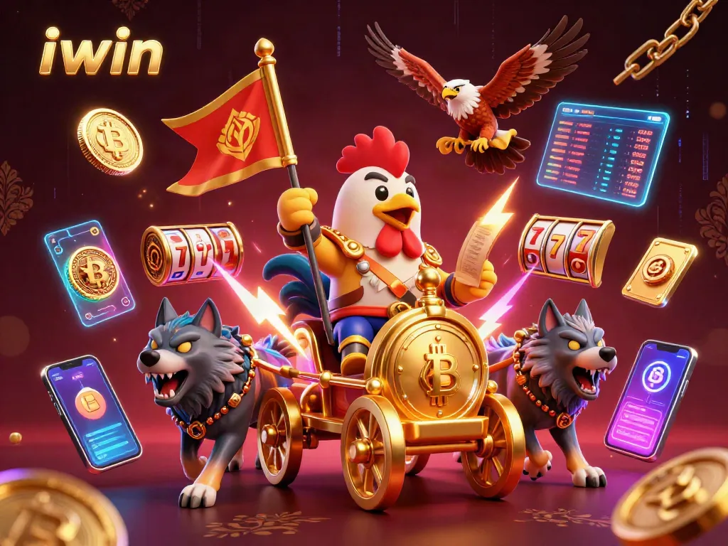 Play exciting games at iwin with a dazzling scene of a rooster warlord and gold elements.