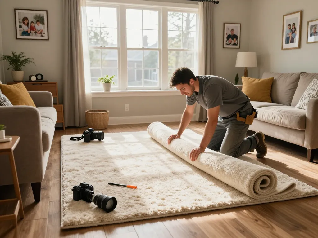 Residential carpet installation in a cozy living room with a professional installer.