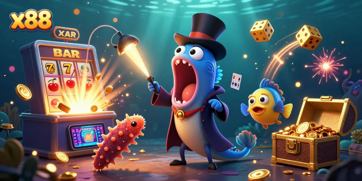 x88 engages players with a vibrant jackpot scene featuring unique underwater characters in a dynamic casino setting.