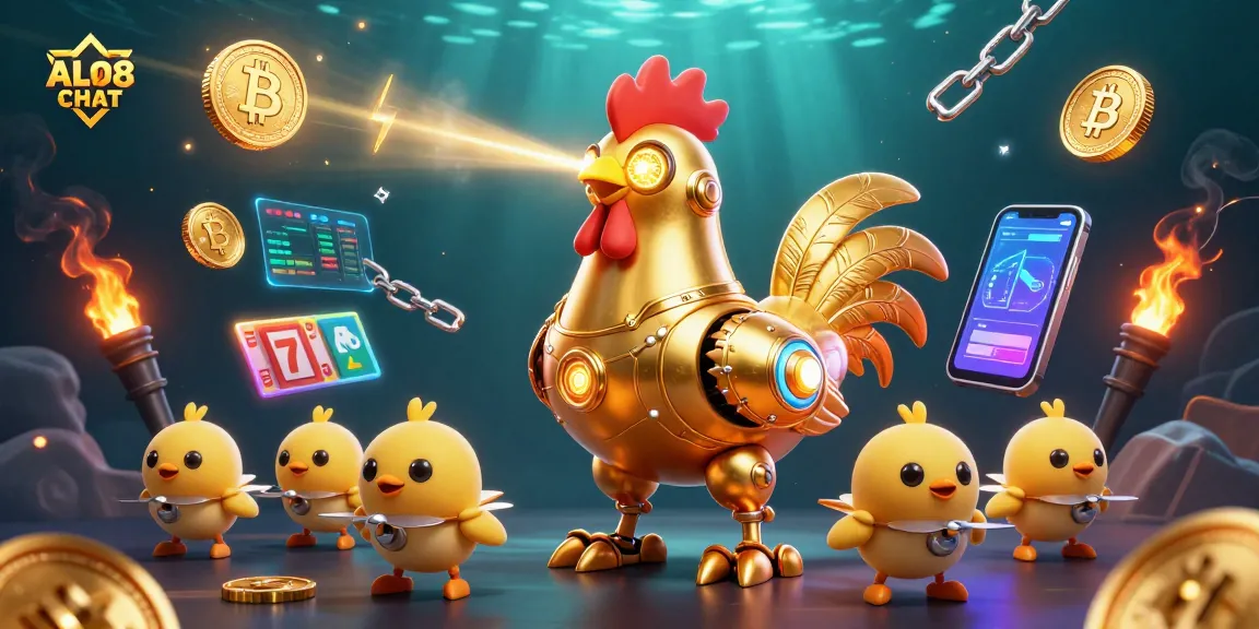 Engage with ALO8 CHAT through a thrilling 3D casino world featuring a golden rooster robot and fun elements.