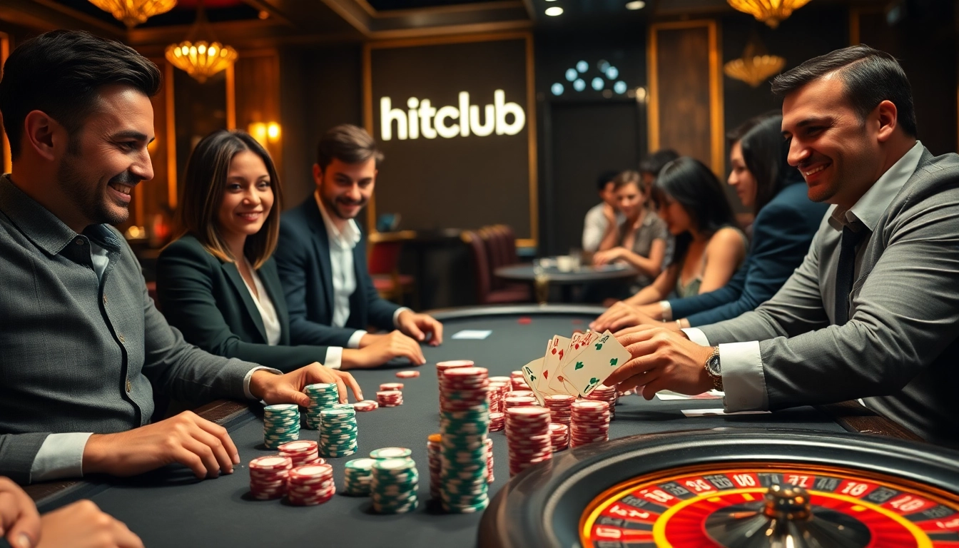 Players enjoying high-stakes poker at hitclub casino with colorful chips and cards.