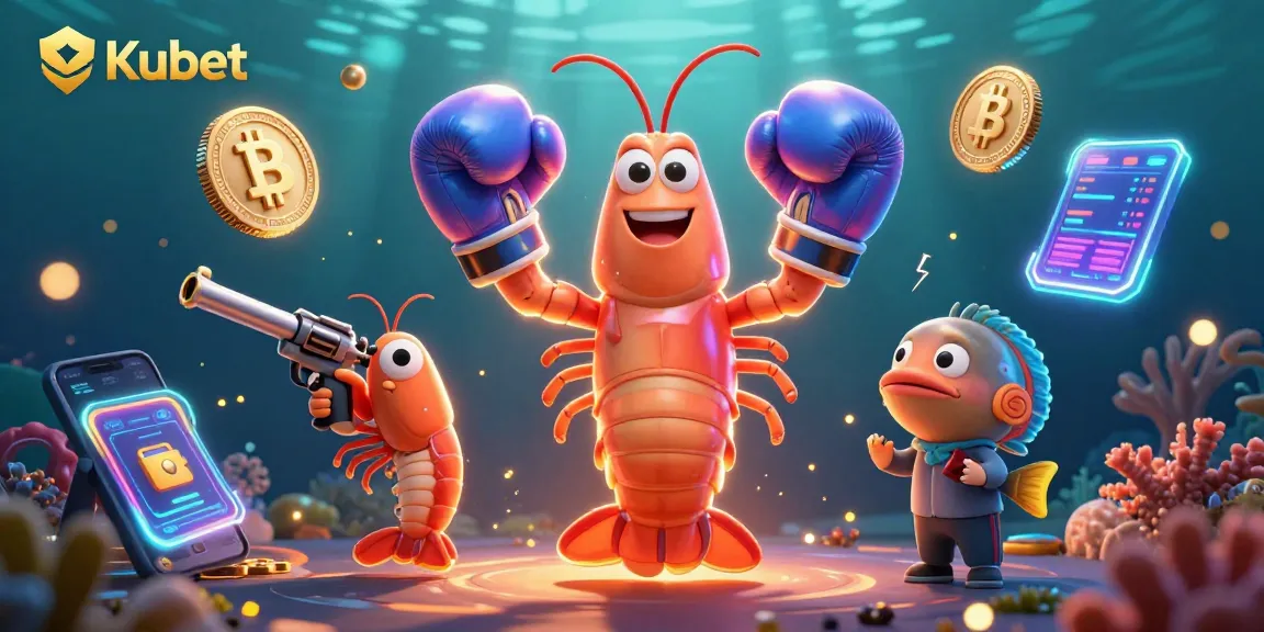 Kubet showcases an intense scene with dynamic shrimp characters and vibrant crypto elements enhancing the gaming atmosphere.