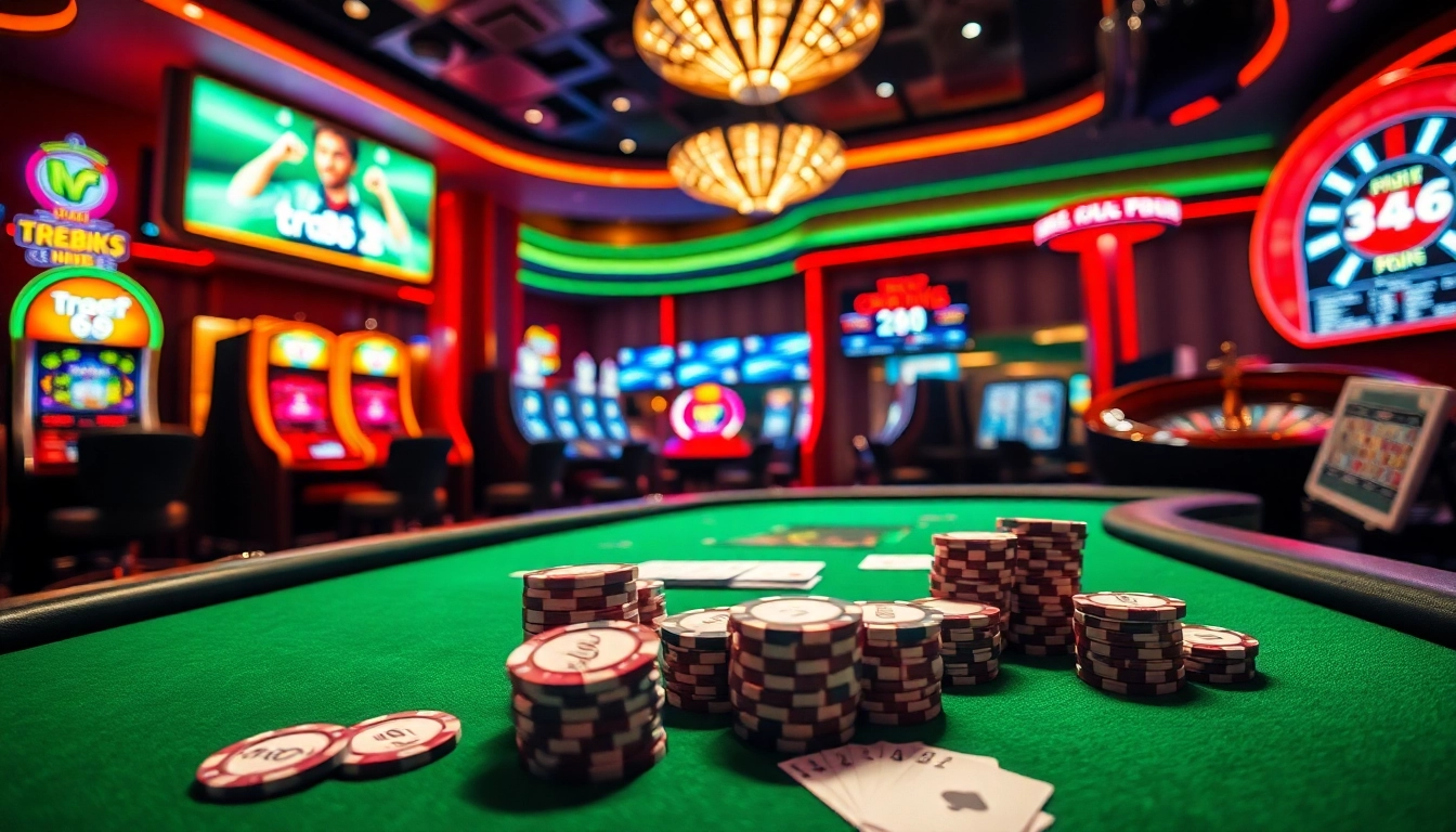 High-stakes poker table at a luxurious casino, showcasing tr88 gambling excitement with vibrant poker chips and cards.