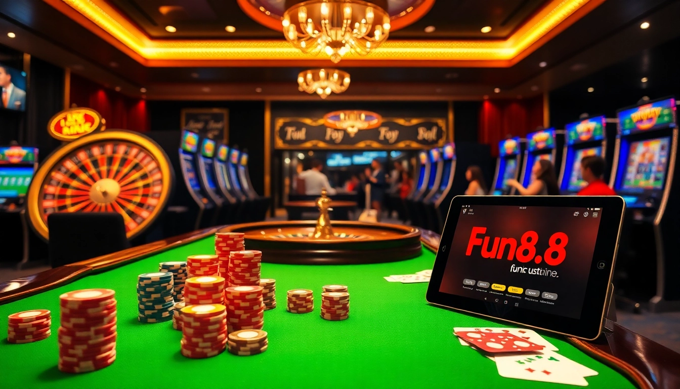 Savor the thrill of playing at Fun88.com with a vibrant casino scene featuring poker chips and a roulette wheel.