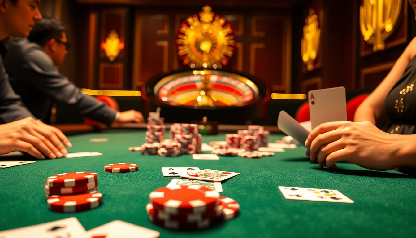 The dynamic thrill at Nhà cái 555WIN's poker table with players, chips, and cards in a luxurious setting.
