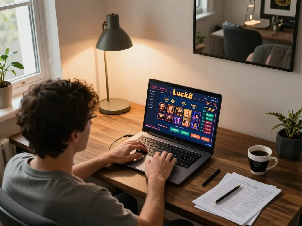 Engaging home gaming scene featuring a player at Luck8 online casino on laptop with strategy notes.