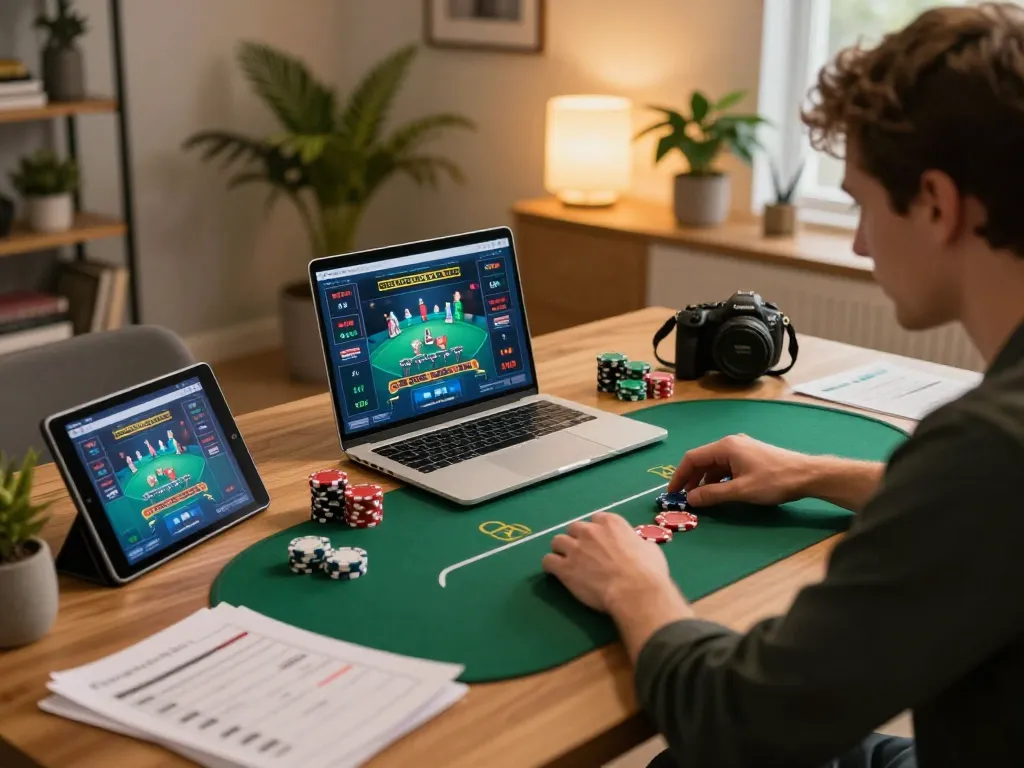Engaged player utilizing Fly88 for an immersive online poker experience at home.