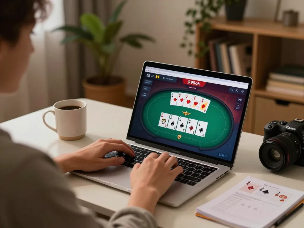 Engaging in online poker on 99ok with cozy home atmosphere featuring strategy notes and laptop.