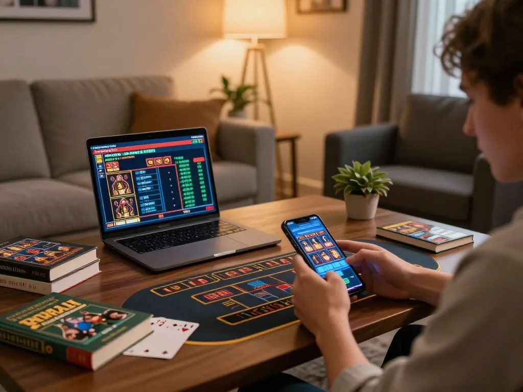 Engaging in mobile slots at nhà cái 79king from a cozy living room, emphasizing responsible gaming.