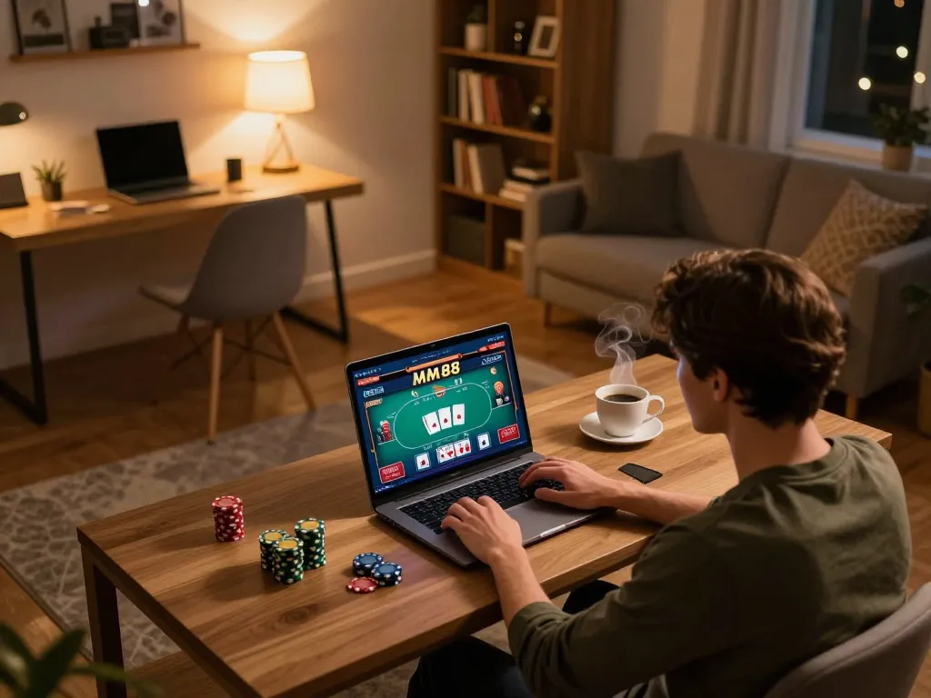 Engaged player enjoying an MM88 poker game online at home with warm ambient lighting.