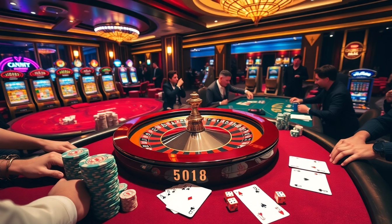 Experience the thrill of casino gaming at https://luck88.video/ with a roulette wheel and poker tables in action.