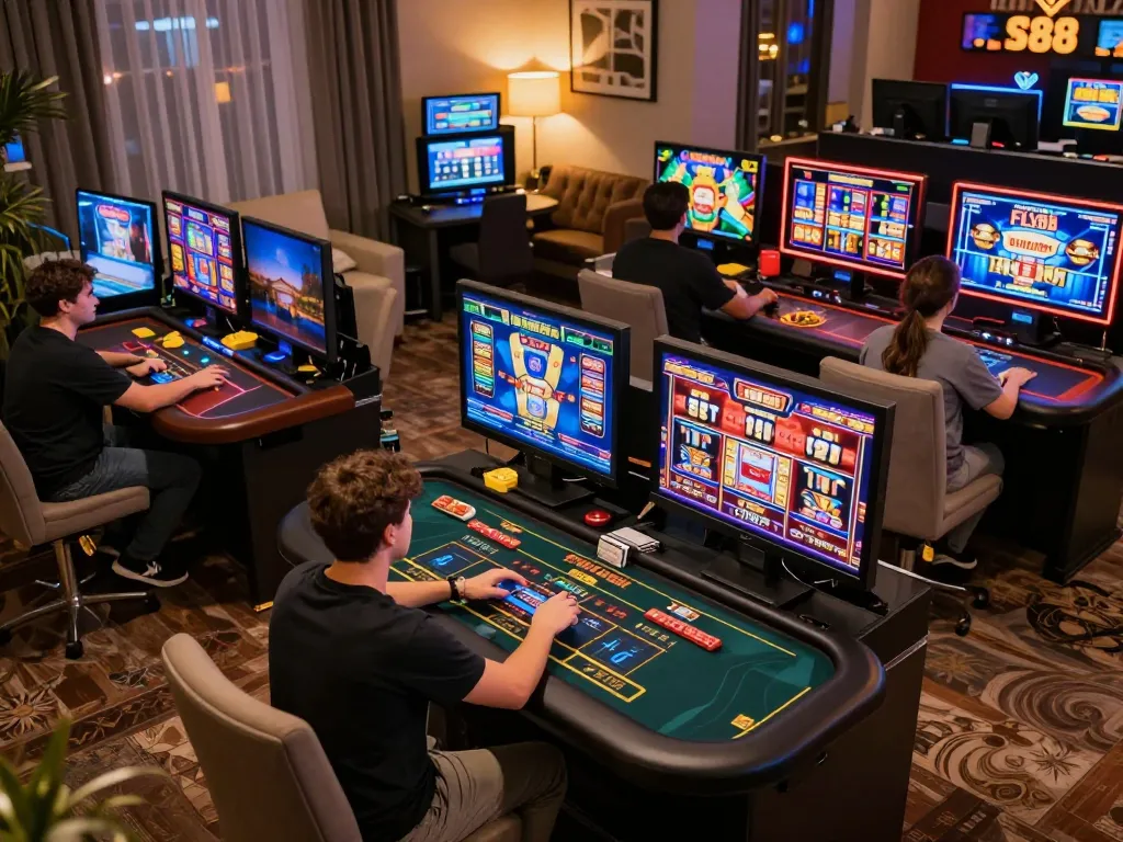 FLY88 users enjoying engaging online casino games in a vibrant home setting, displaying excitement.