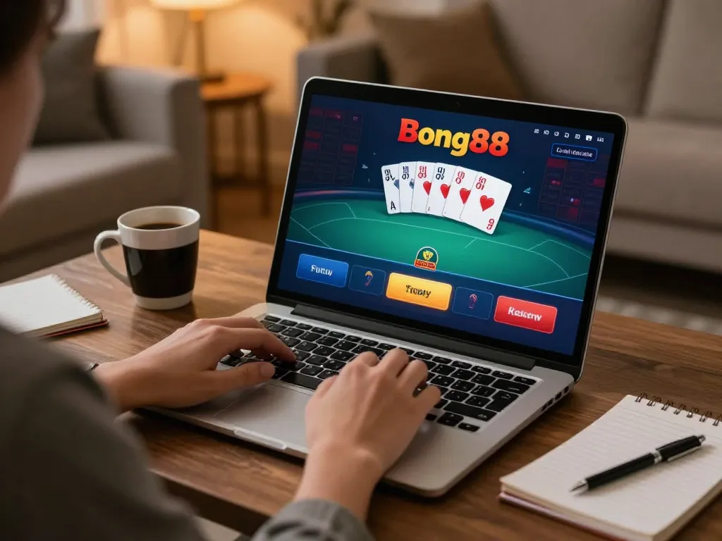 Bong88 user engaged in online poker at home, showcasing strategic gameplay and cozy setup