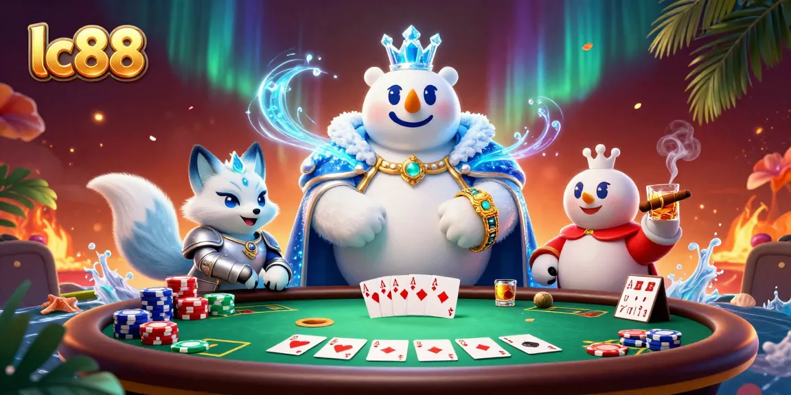 Play exciting poker at lc88, featuring an ice king polar bear and a silver-armored fox among colorful poker chips.