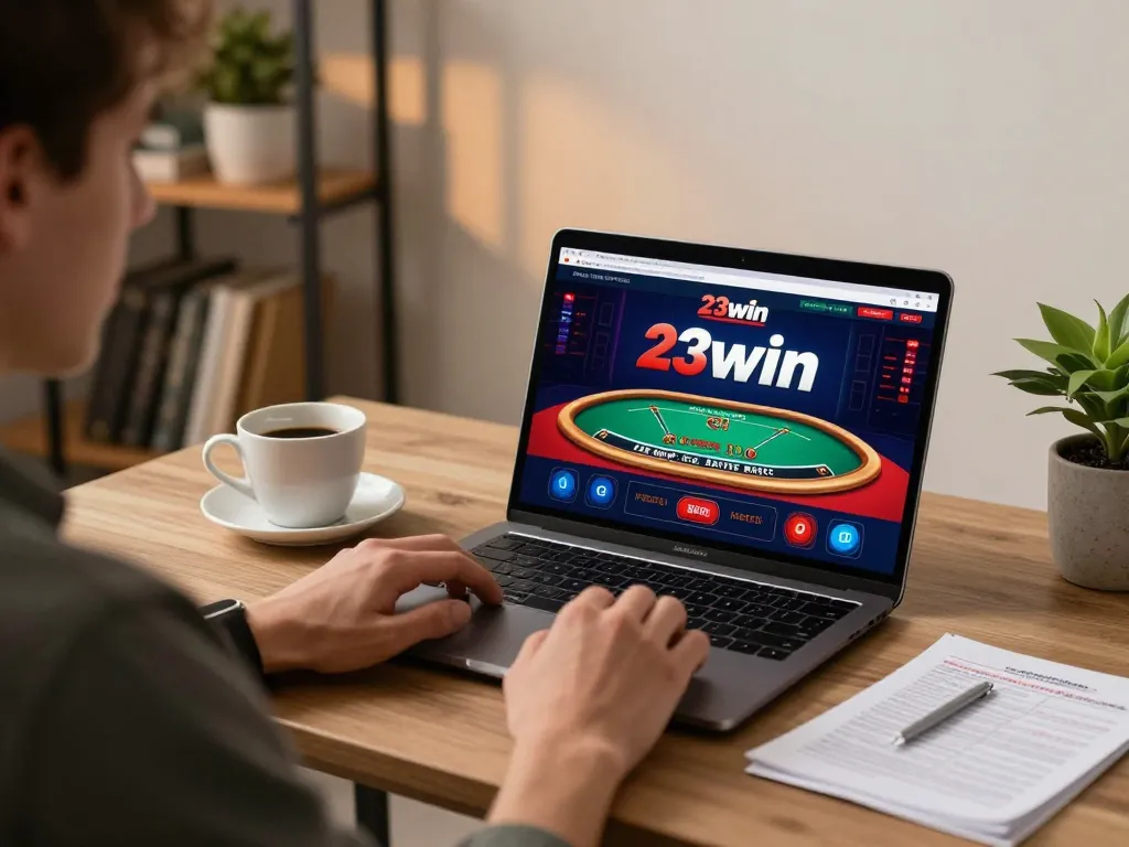 Engaging in thrilling gameplay at 23win online casino via laptop, showcasing strategy and excitement.