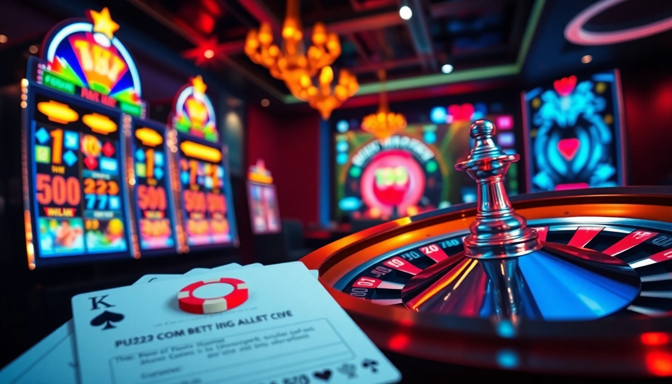 Experience thrilling gambling with PH222 com featuring vibrant slot machines and a sleek roulette wheel.