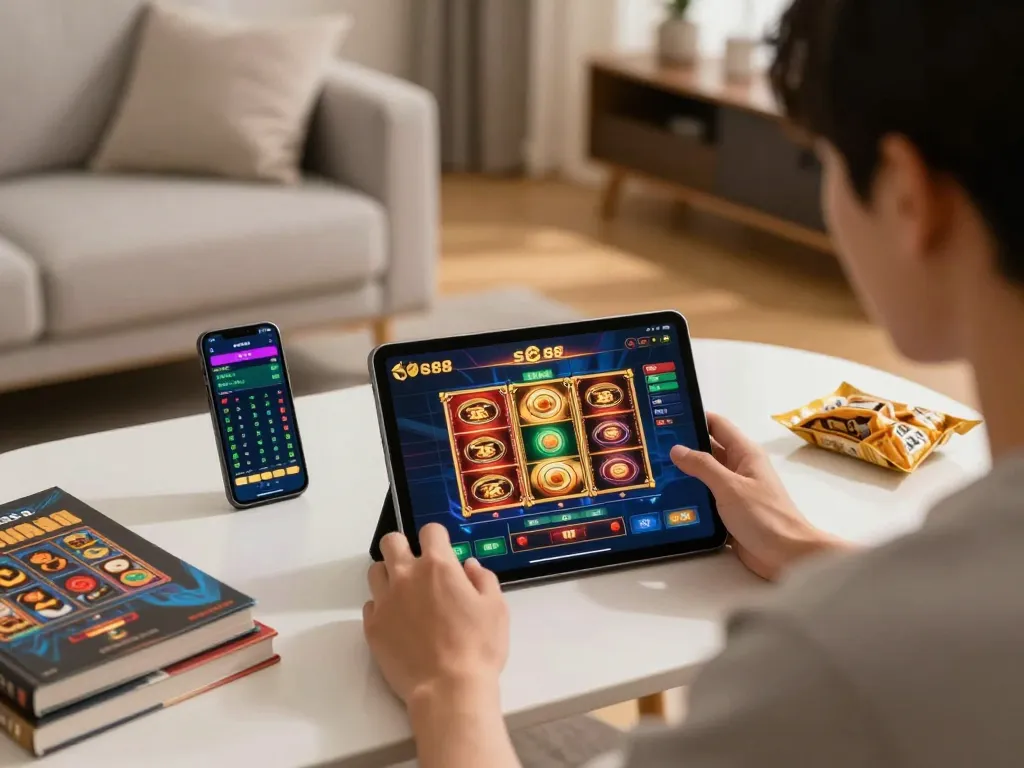 Engaging in online slot games using the sc88 app on a tablet in a cozy home environment.