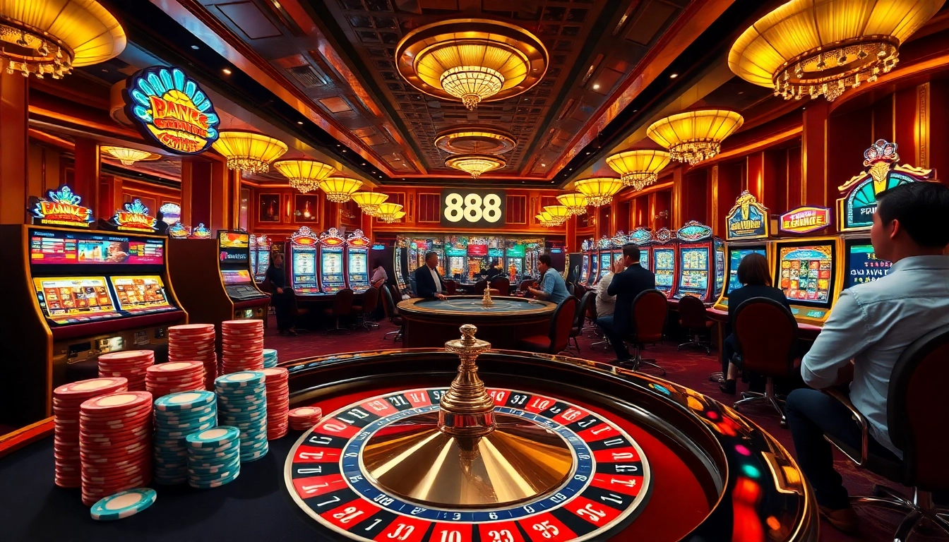 888P casino scene showcasing roulette table and poker chips amid vibrant gaming action.