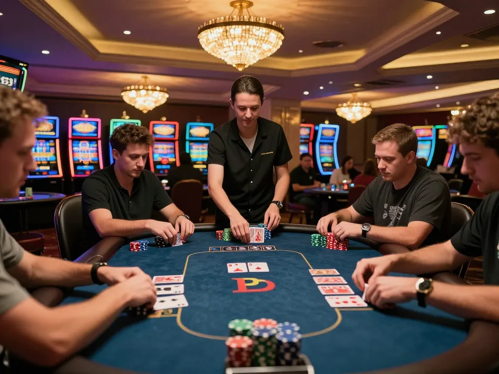 b52club players engaging intensely at an upscale poker table with colorful casino atmosphere