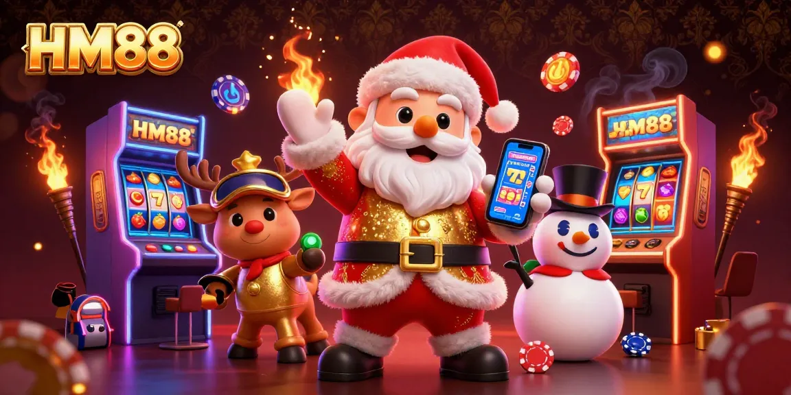 HM88 brings a vibrant casino fantasy to life with Santa, a dealer reindeer, and poker chip snowman.