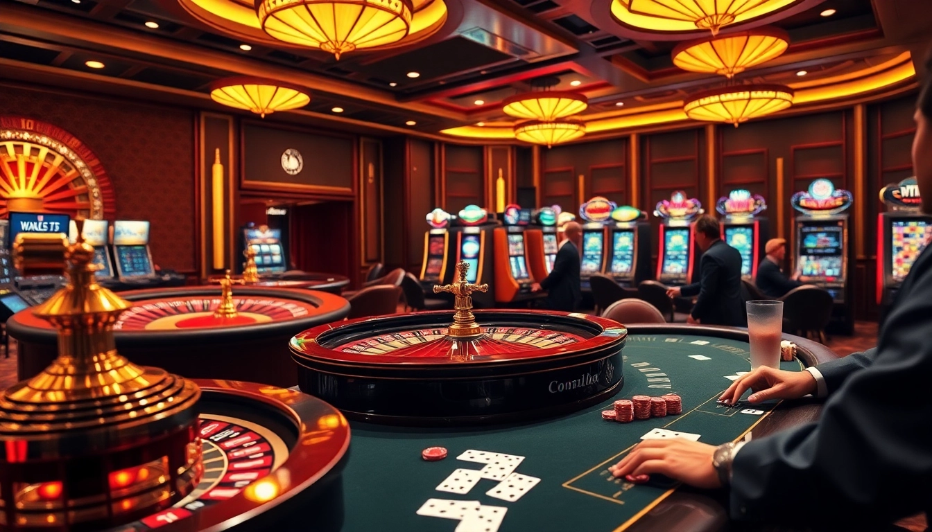 F168 casino scene showcasing players at a roulette wheel and poker table, emphasizing excitement and luxury.