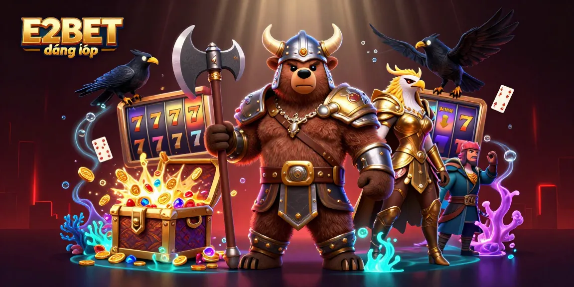 E2BET đăng nhập provides an engaging scene with a Viking bear and Valkyrie eagle amidst vibrant casino elements