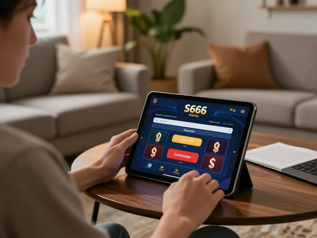 S666 đăng nhập on tablet showcasing online casino interface in cozy home environment