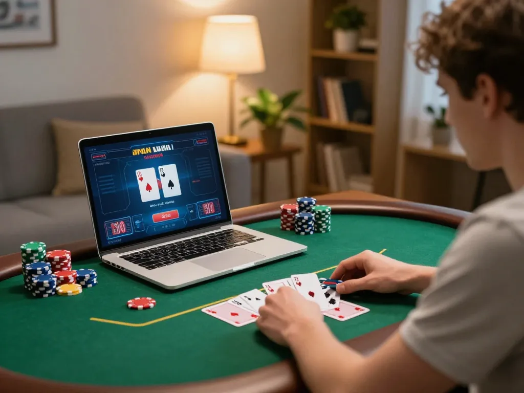 Engaging in poker on kp88 in a cozy home setup with warm lighting and personal decor.
