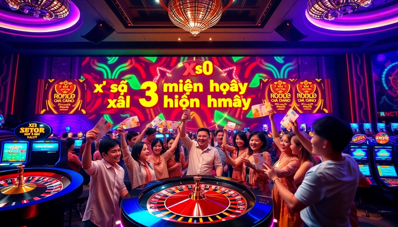 Xổ số 3 miền hôm nay celebration with excited gamblers and vibrant lottery elements.