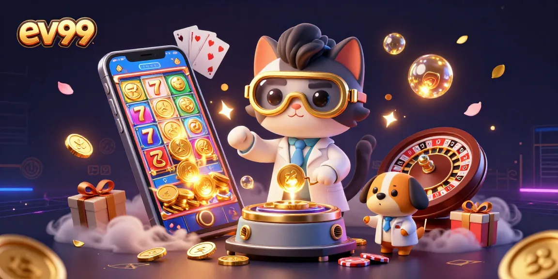 ev99 logo on a vibrant scene featuring vivid slot game elements and cartoon characters generating excitement