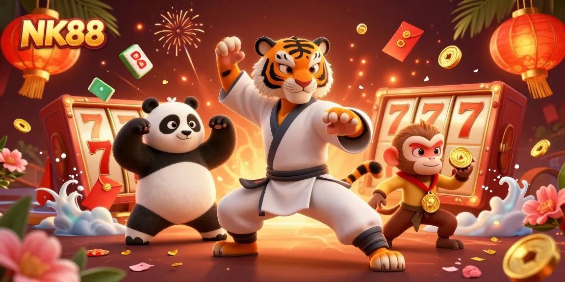 Experience the excitement of NK88 as the kung fu tiger and friends take center stage in this vibrant casino illustration.