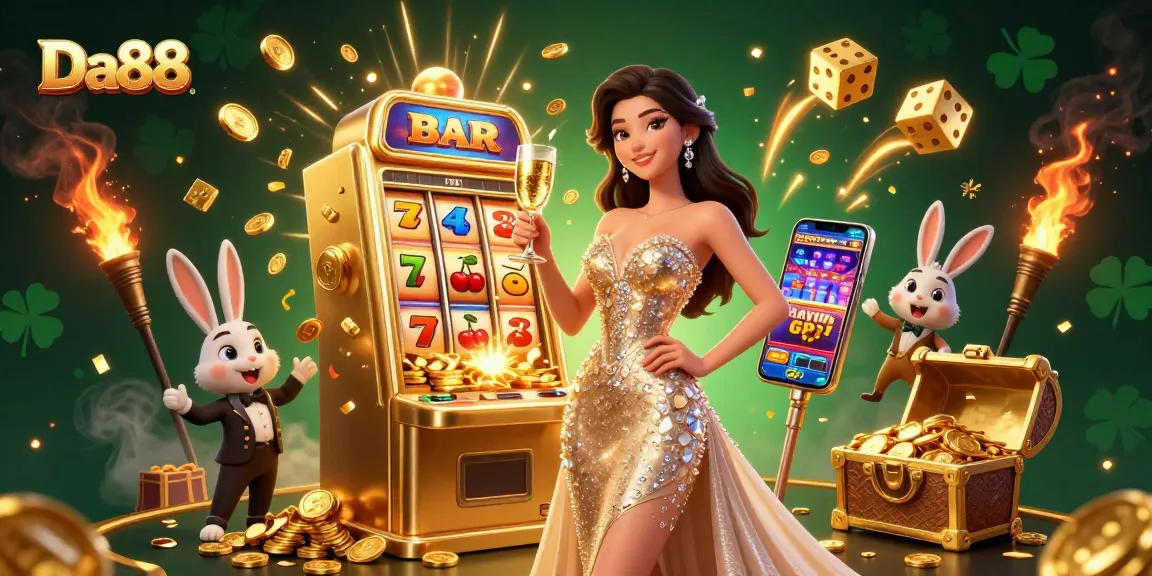 Experience the thrilling Da88 casino scene with stunning visuals of jackpot excitement and vibrant gaming elements.