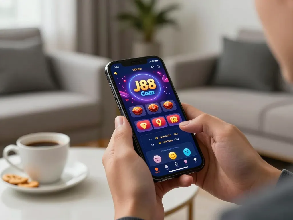 Engaging gameplay on J88 Com app through smartphone in stylish modern living room.