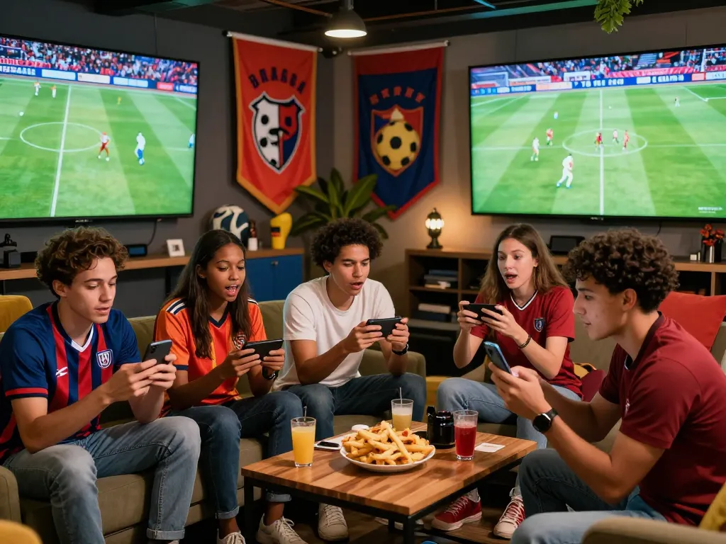 Fans enjoying Trực Tiếp Bóng Đá Cakhiatv in a vibrant sports lounge atmosphere, engaging and celebrating live football.