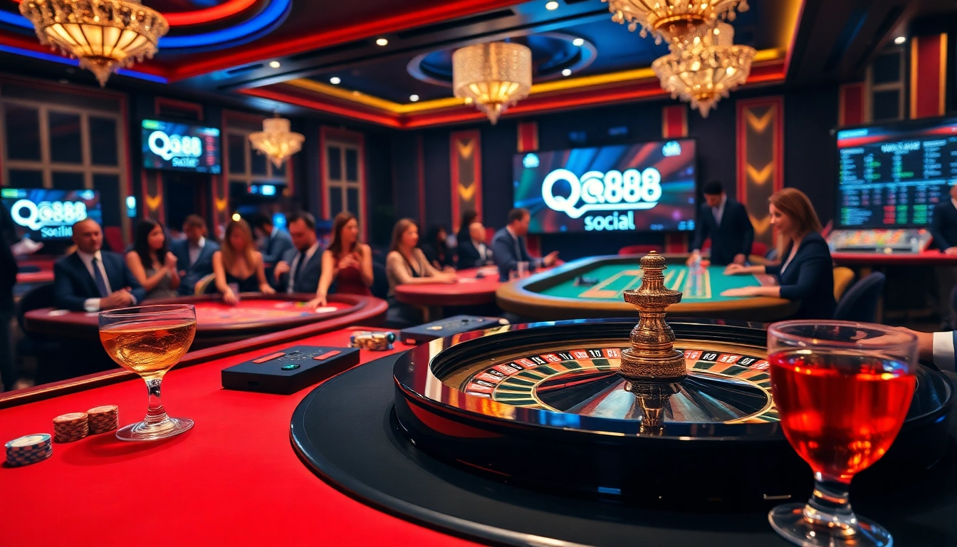 Engaged players at QQ88 Social roulette table, showcasing vibrant casino excitement and luxury.