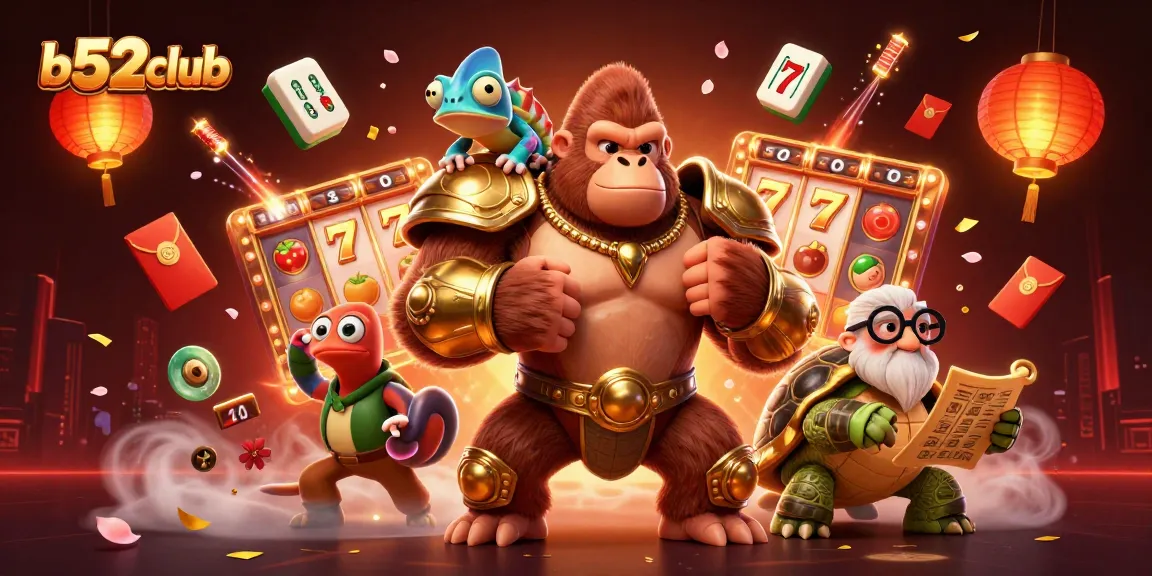 B52Club's vibrant casino scene with a mighty gorilla and playful chameleon among spinning slots and glowing treasures