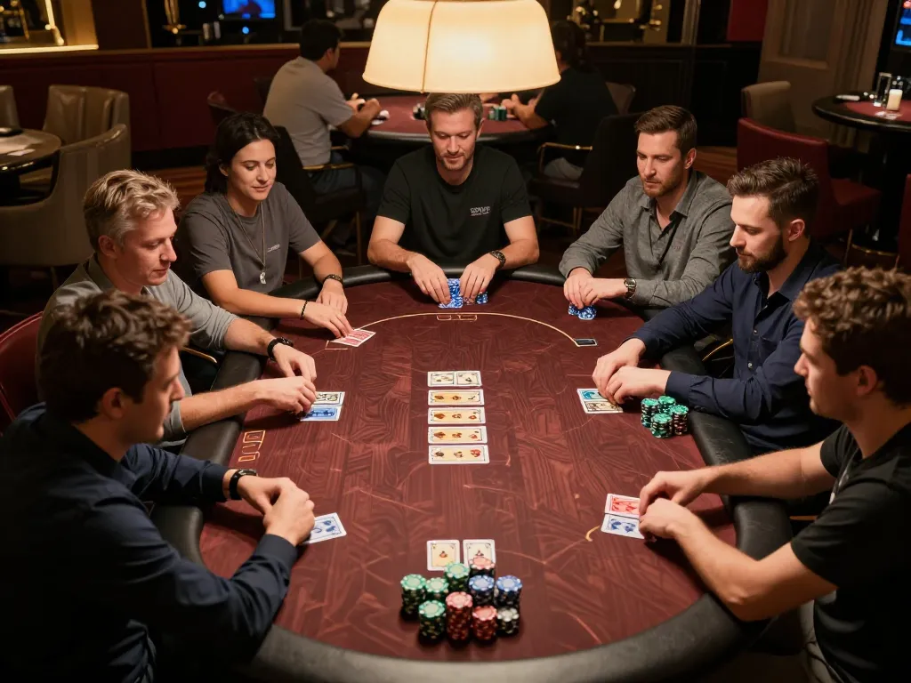 F168 players strategizing over high-stakes poker chips in an upscale lounge atmosphere