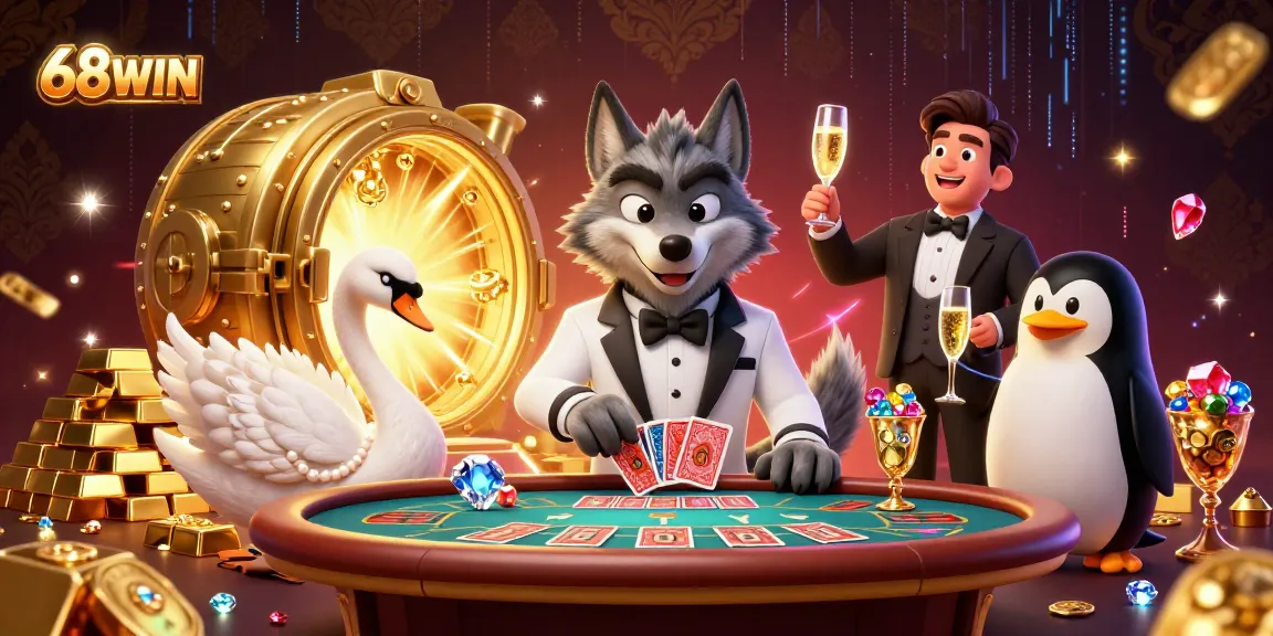 Experience the thrill of 68WIN with a dynamic cartoon casino scene showcasing a baccarat table and treasures.