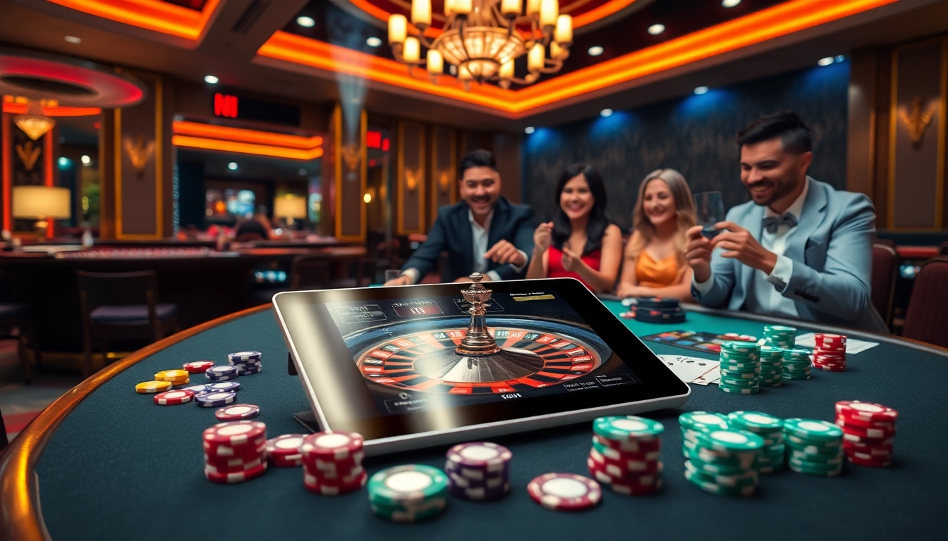 Players excitedly engage with the nhà cái hubet casino atmosphere filled with cards and chips.