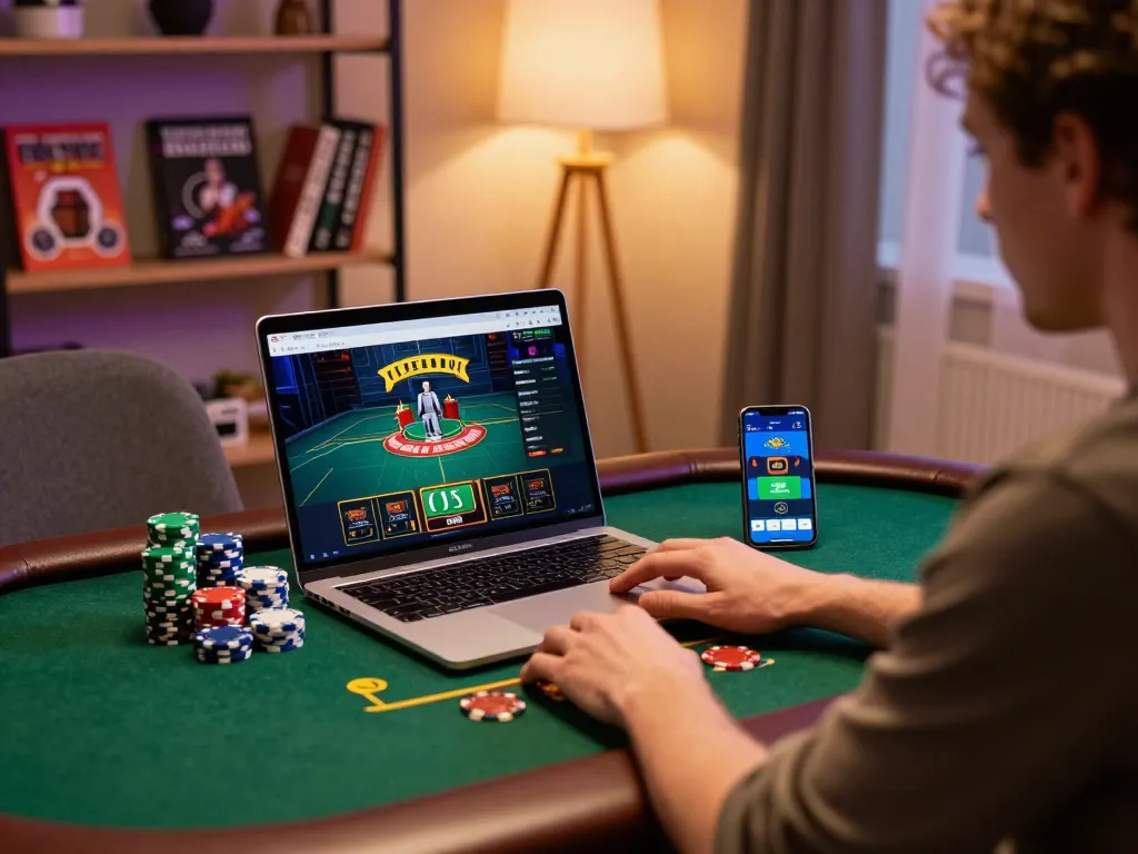 Engaged player enjoys live poker on https://da88at.com/ at home with stylish decor and smartphone.