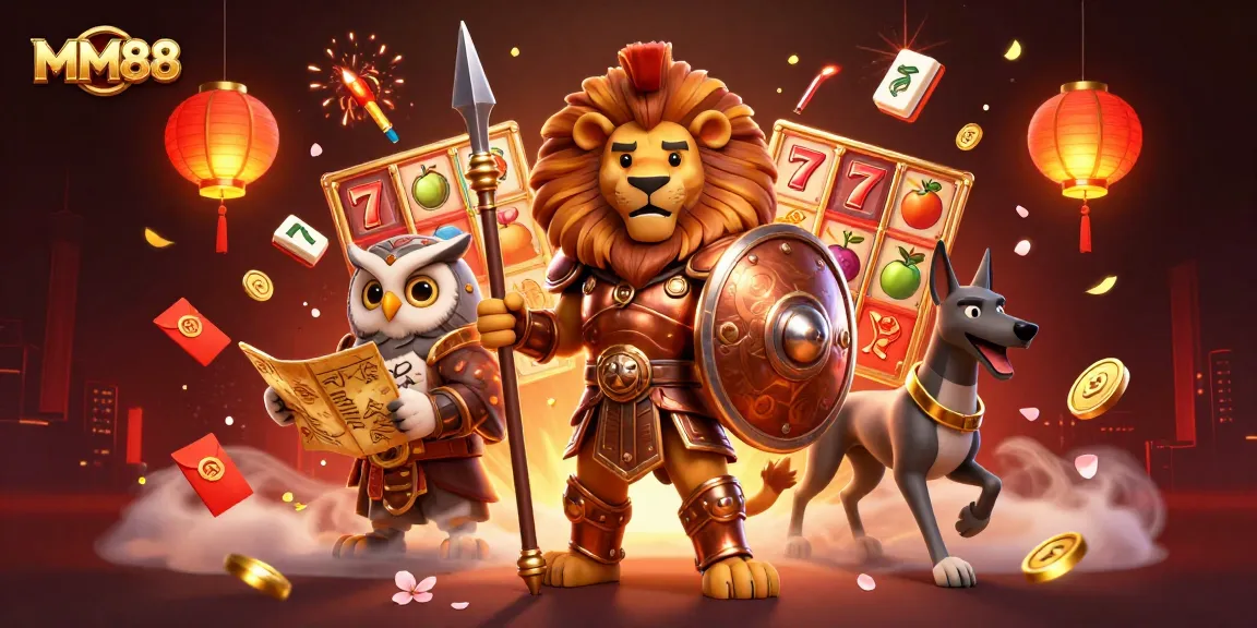 Bet big with MM88 as the Spartan lion defends your jackpot fortune amidst vibrant casino elements.