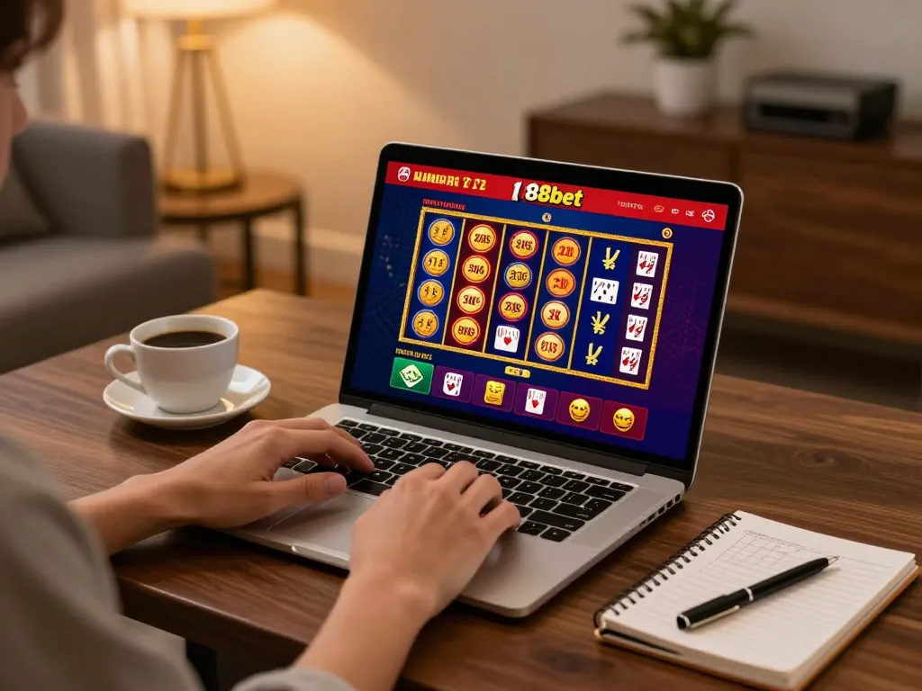 Engaging with 188bet online casino platform on a stylish laptop setup in a cozy environment.