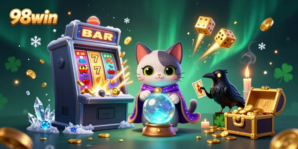 Win big with 98win at this vibrant online casino illustration full of action and adventure.