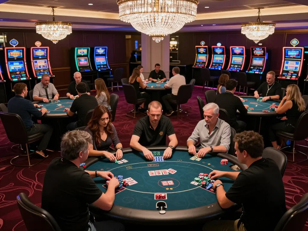 Exciting poker game at HIT CLUB casino with players engaged and chips in play.