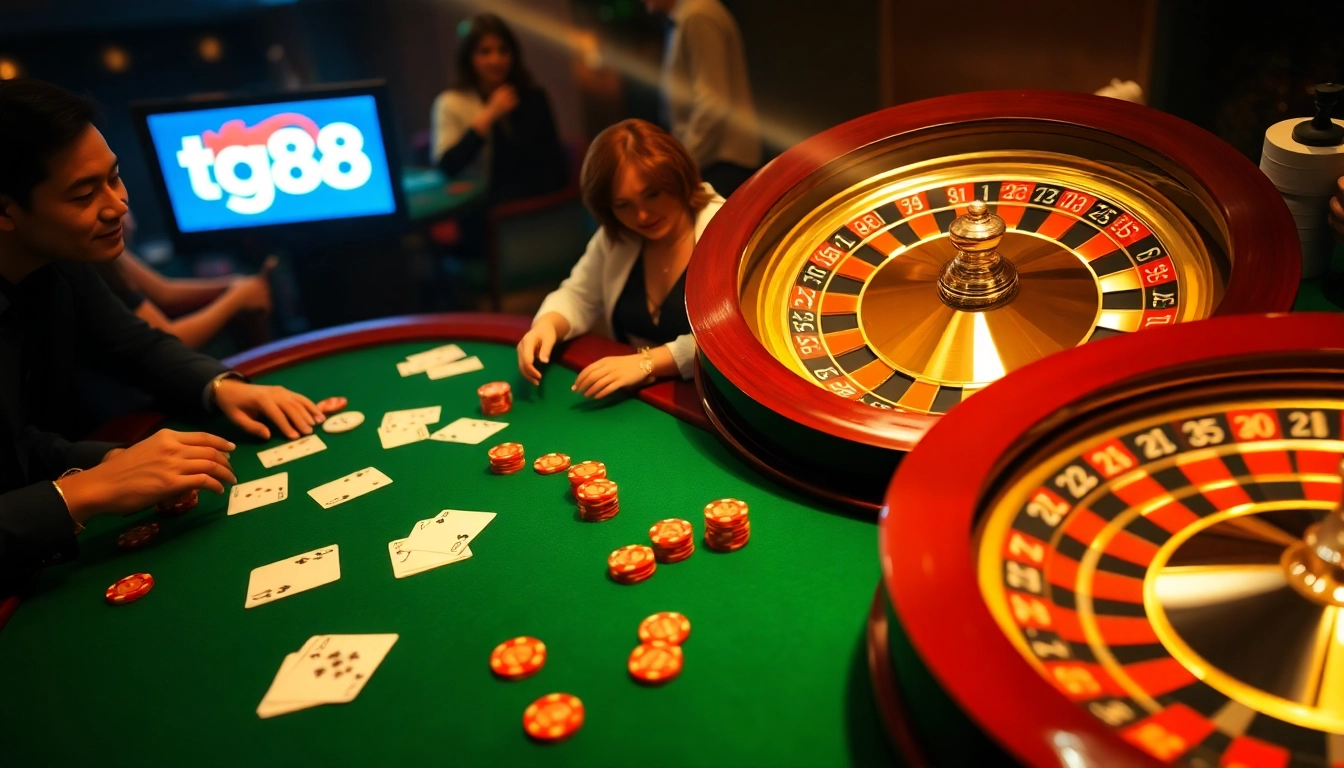 Experience excitement at tg88 com with energetic players at a luxurious poker table and roulette wheel.