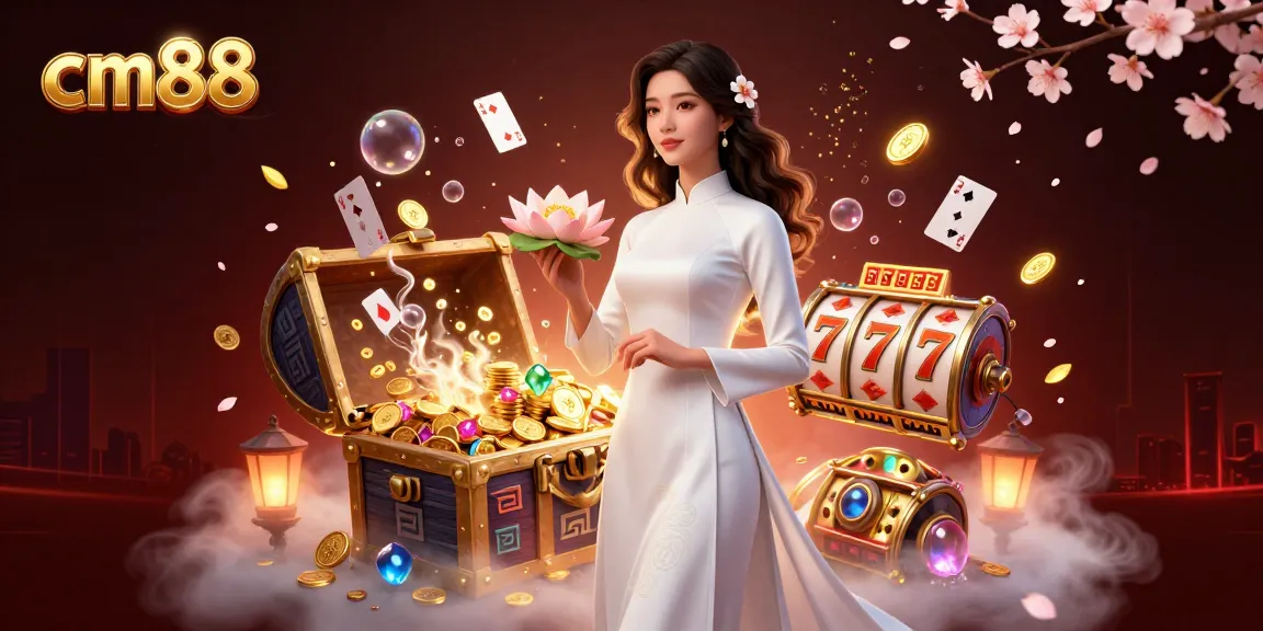 Experience cm88’s vibrant casino world with a captivating Asian woman surrounded by gold coins and slot reels.